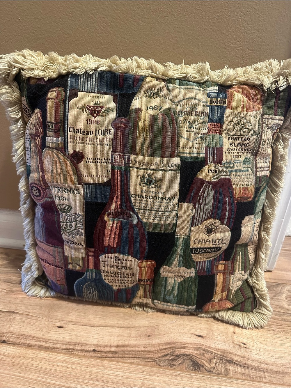 Vintage wine bottle tapestry throw pillow with frimge accent